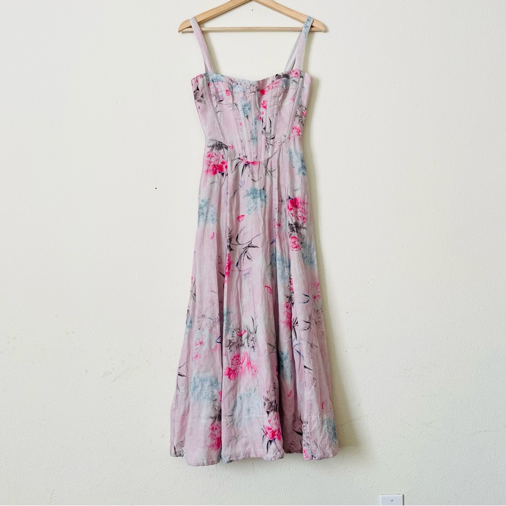 Bardot XS Adeline Brodarie Corset midi dress in Garden Floral pink - Picture 3 of 7